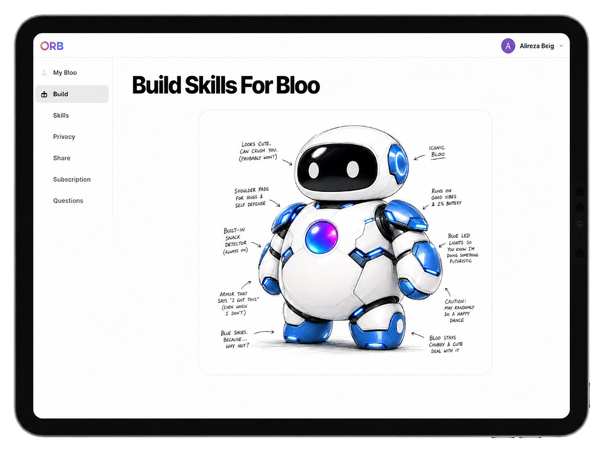 ORB skill builder open on an iPad, showing a custom Bloo design