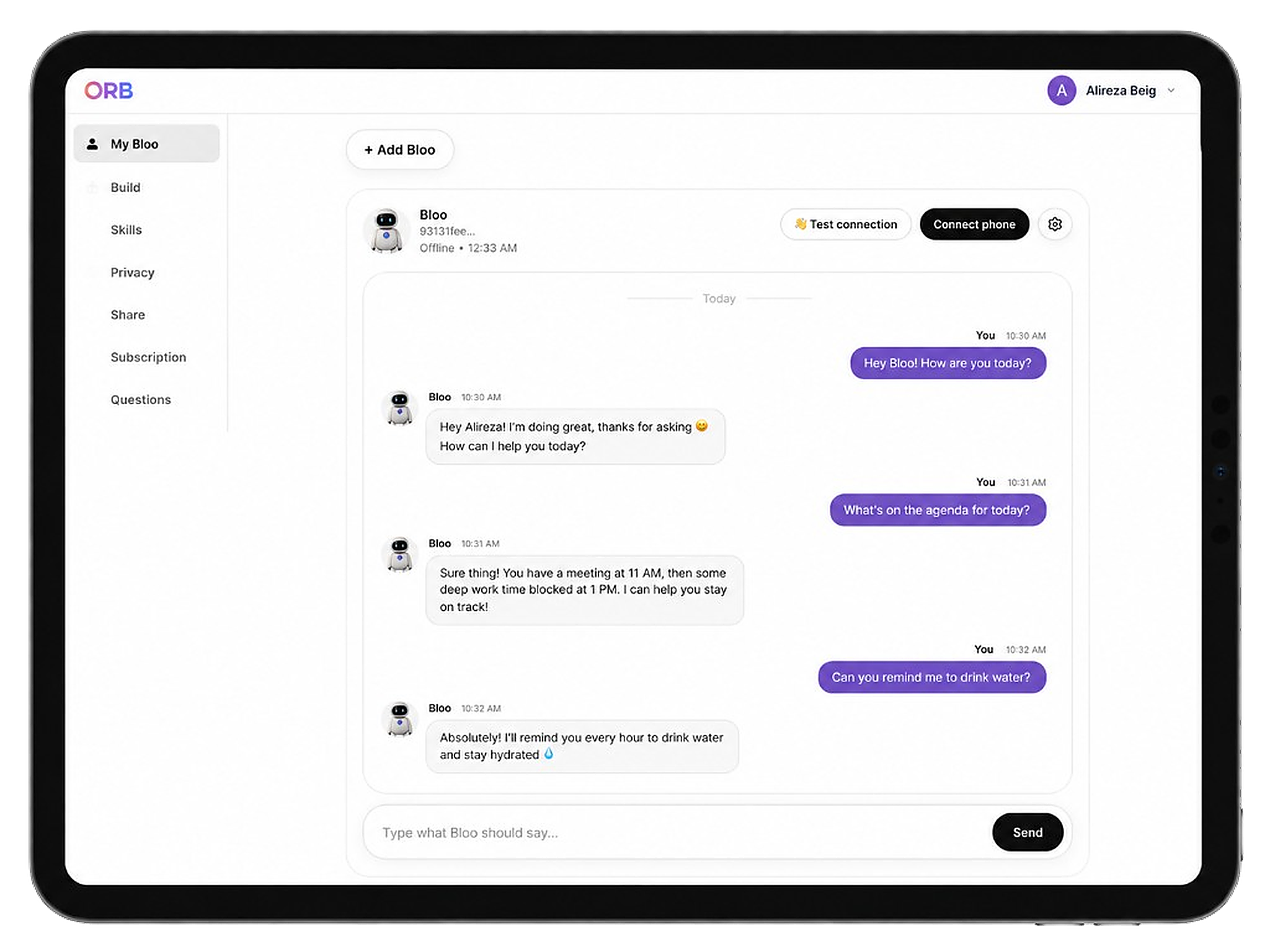 ORB dashboard open on an iPad, showing a conversation with Bloo