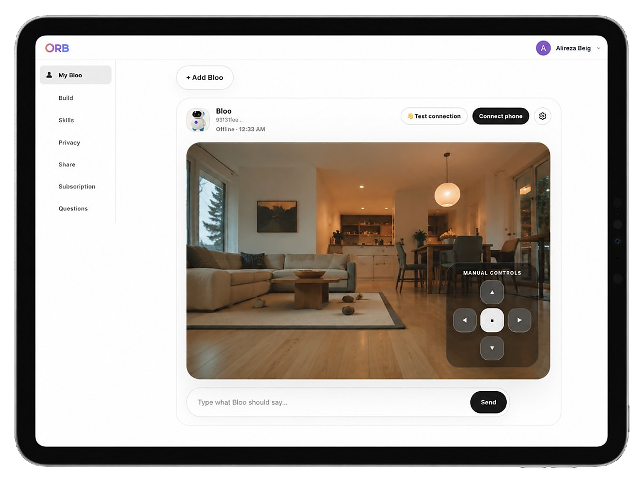 ORB dashboard open on an iPad, showing Bloo's live camera and manual controls