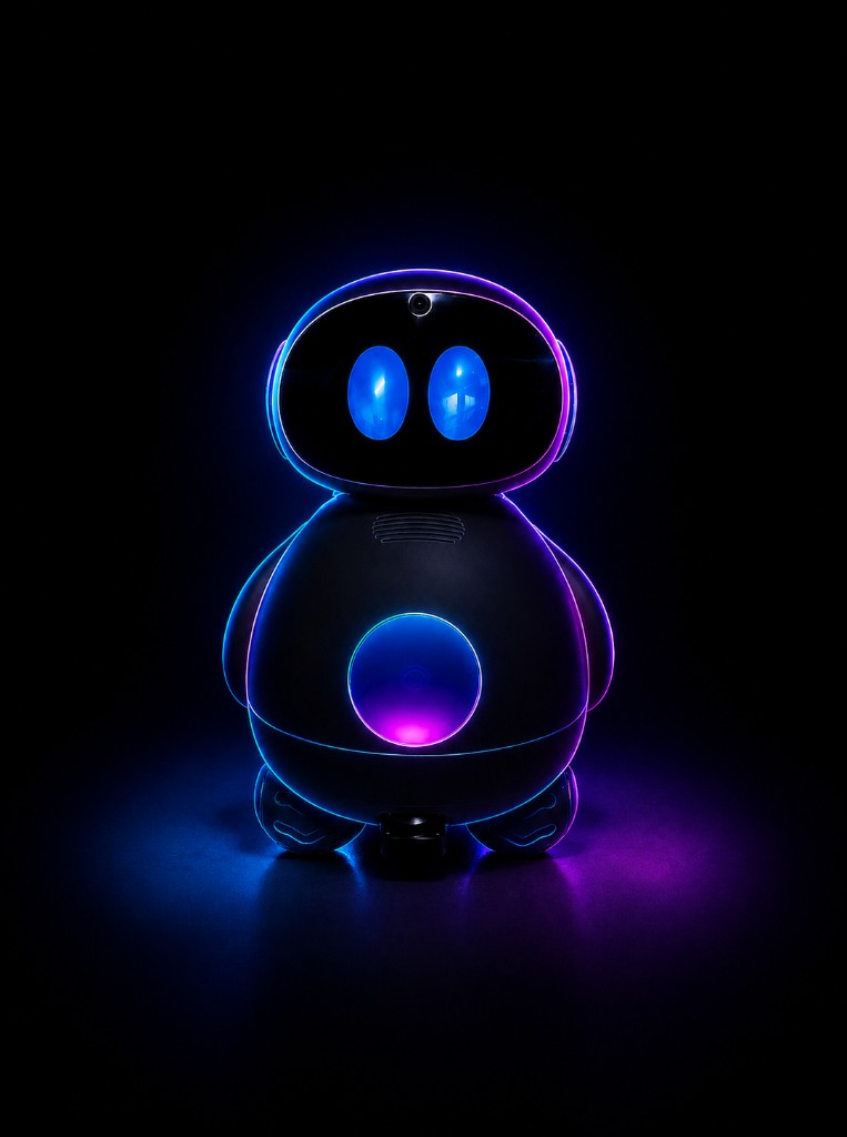 Bloo robot glowing on a dark background